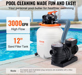 Sand Filter Pump for Above Ground Pools, 12-inch, 3000 GPH, 1/2 HP Swimming Pool Pumps System & Filters Combo Set with 6-Way Multi-Port Valve & Strainer Basket